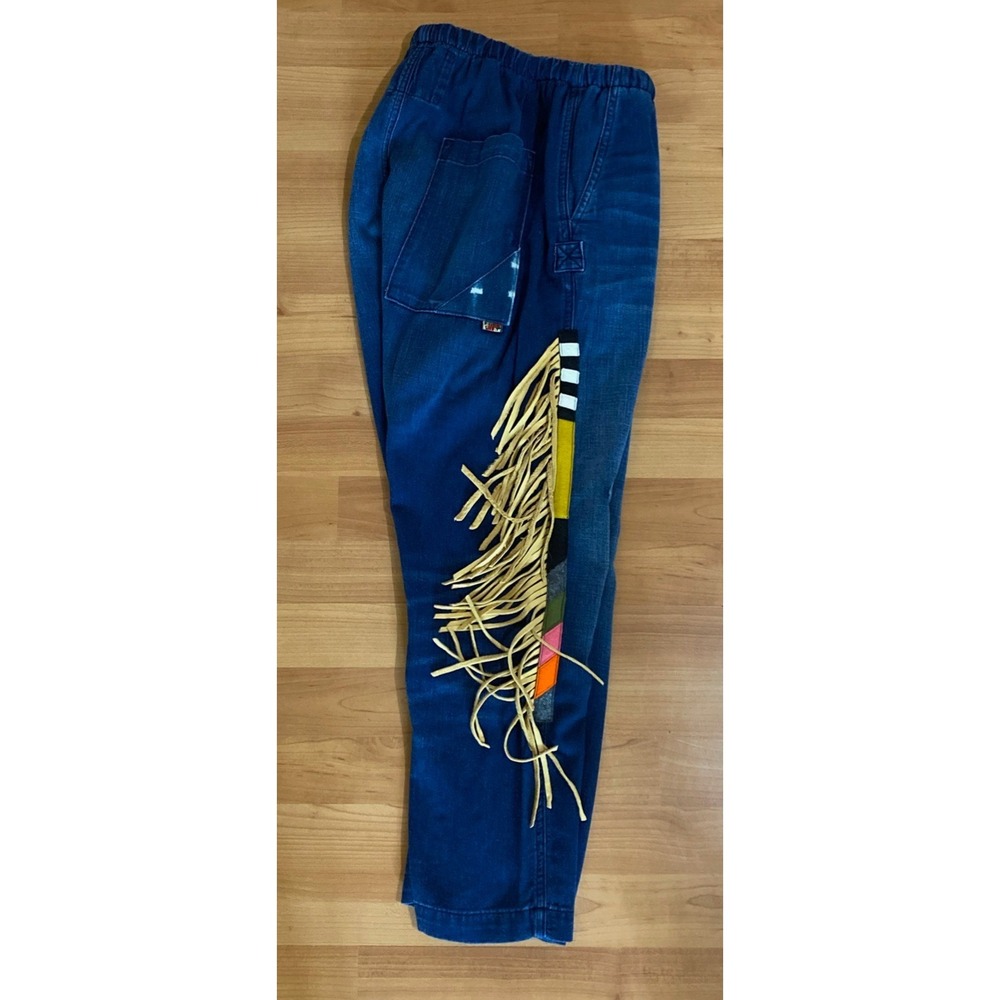 FREECITY Life Nature Love Fringe Indigo Pants Blue Denim Cotton USA sz S Rare